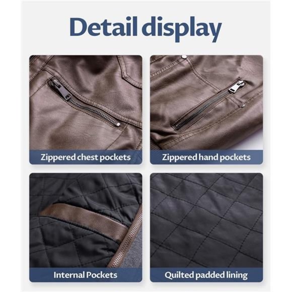 Men's Faux Leather Jacket Motorcycle Waterproof Windproof Vintage Bomber Hoodie - Picture 6 of 7